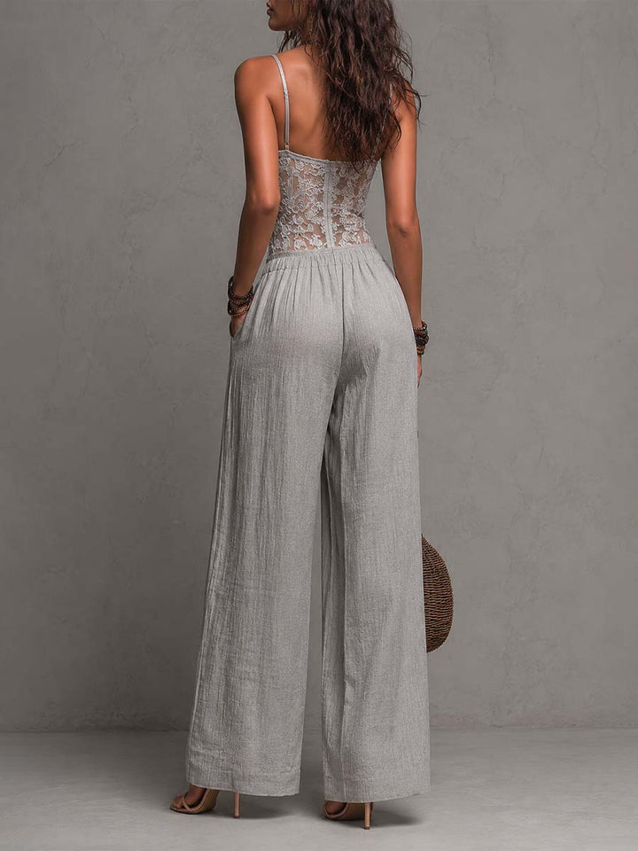 Bohemian Grey Lace-Trimmed Pleated Wide-Leg Jumpsuit