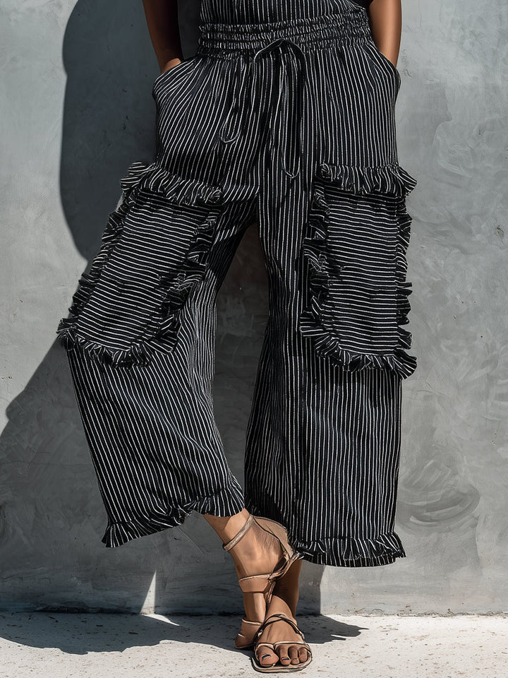 Black and white striped strapless Jumpsuit with ruffles