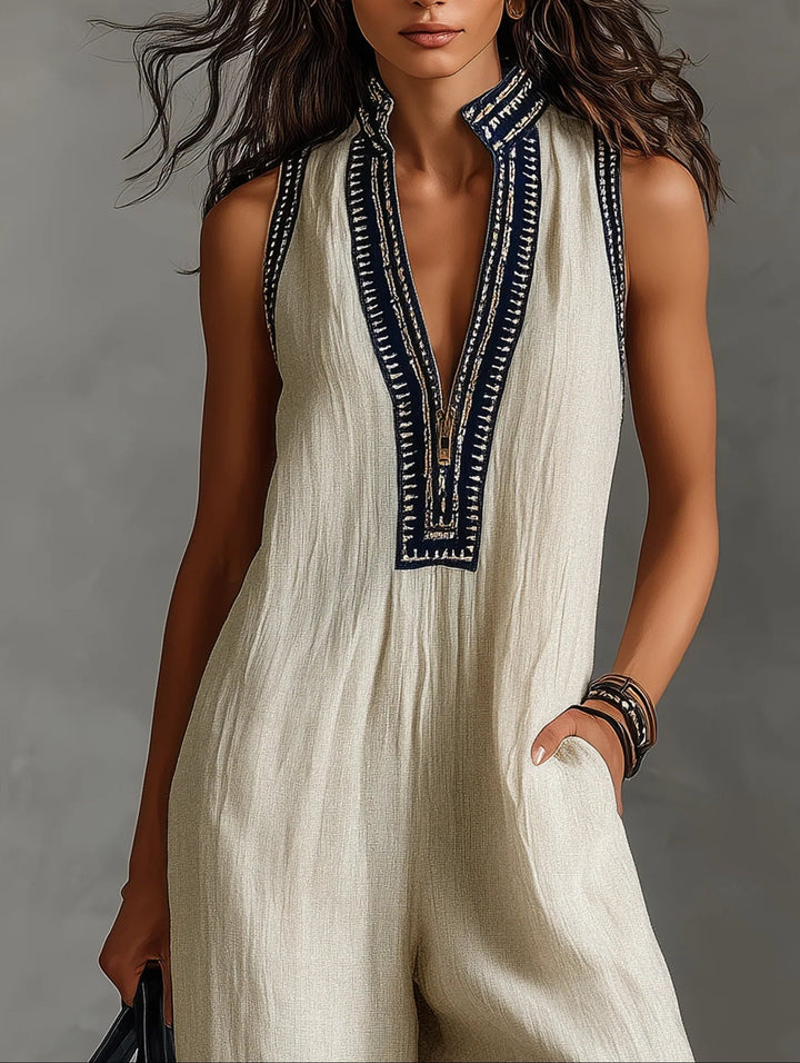 Minimalist stand-up collar zipper sleeveless jumpsuit