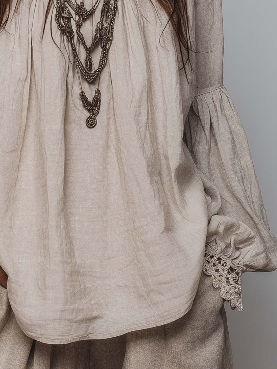 Lace-trimmed Pleated Cotton Linen Blouse