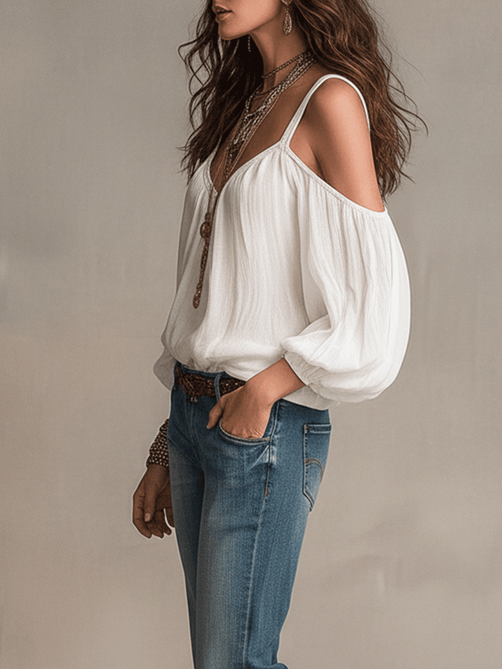 Relaxed V-Neck Cold-Shoulder Boho Blouse