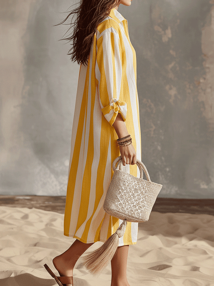 Relaxed Striped Resort Yellow & White Stripe Midi Dress