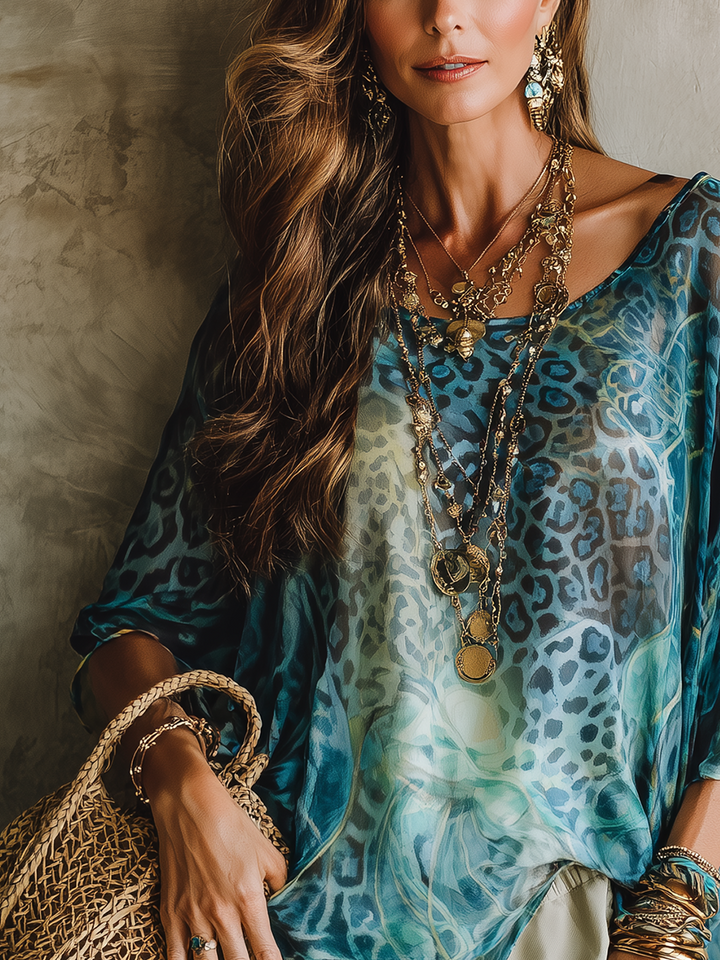 Bohemian Blue Leopard Print Batwing Sleeve Top