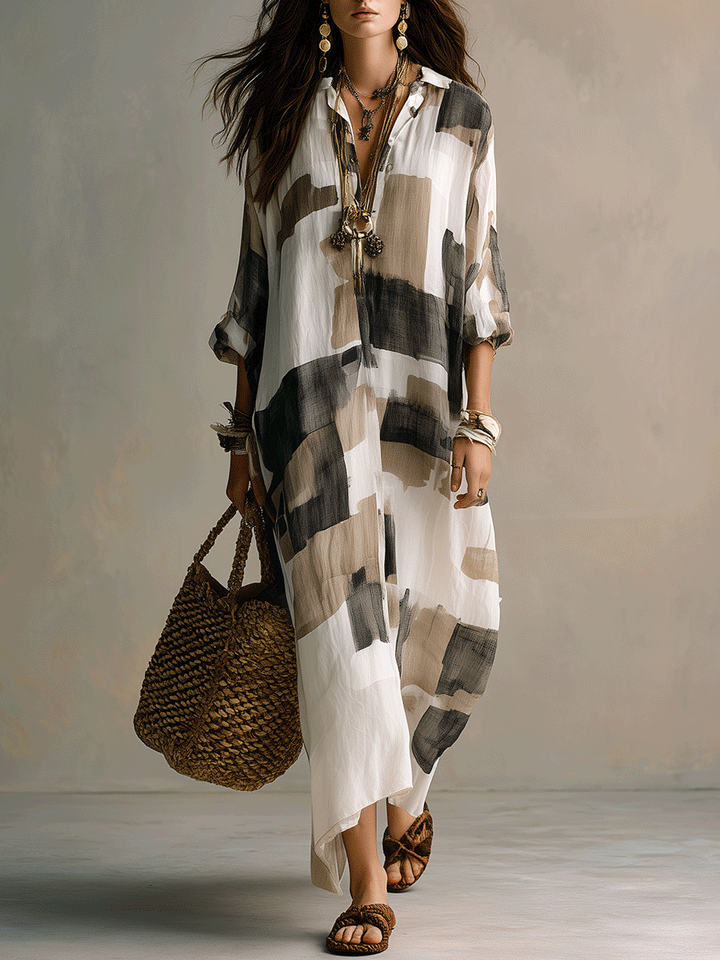 Boho Abstract Print Button-Front Relaxed Fit Maxi Dress