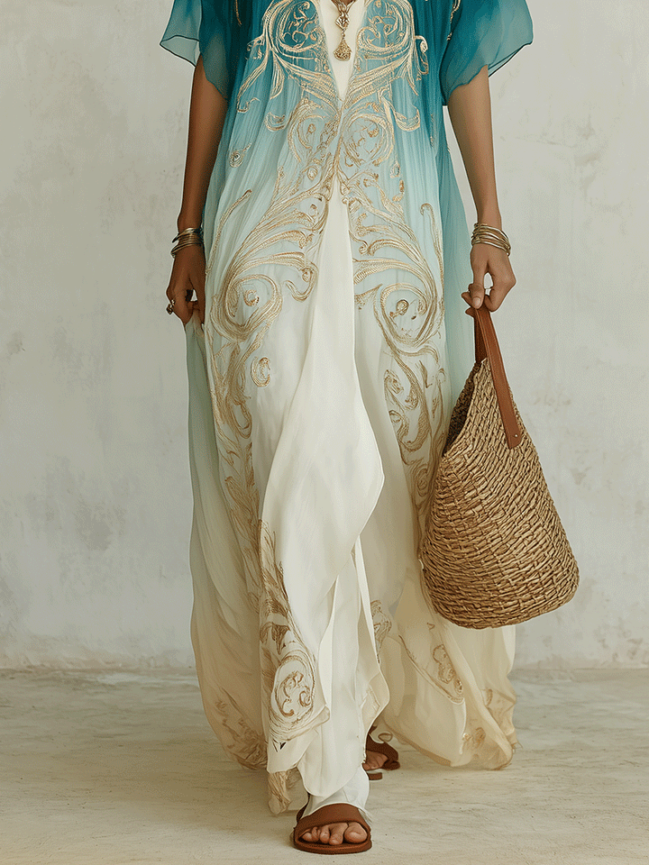 Elegant Coastal Breeze Aqua Ombre Kaftan Maxi Dress
