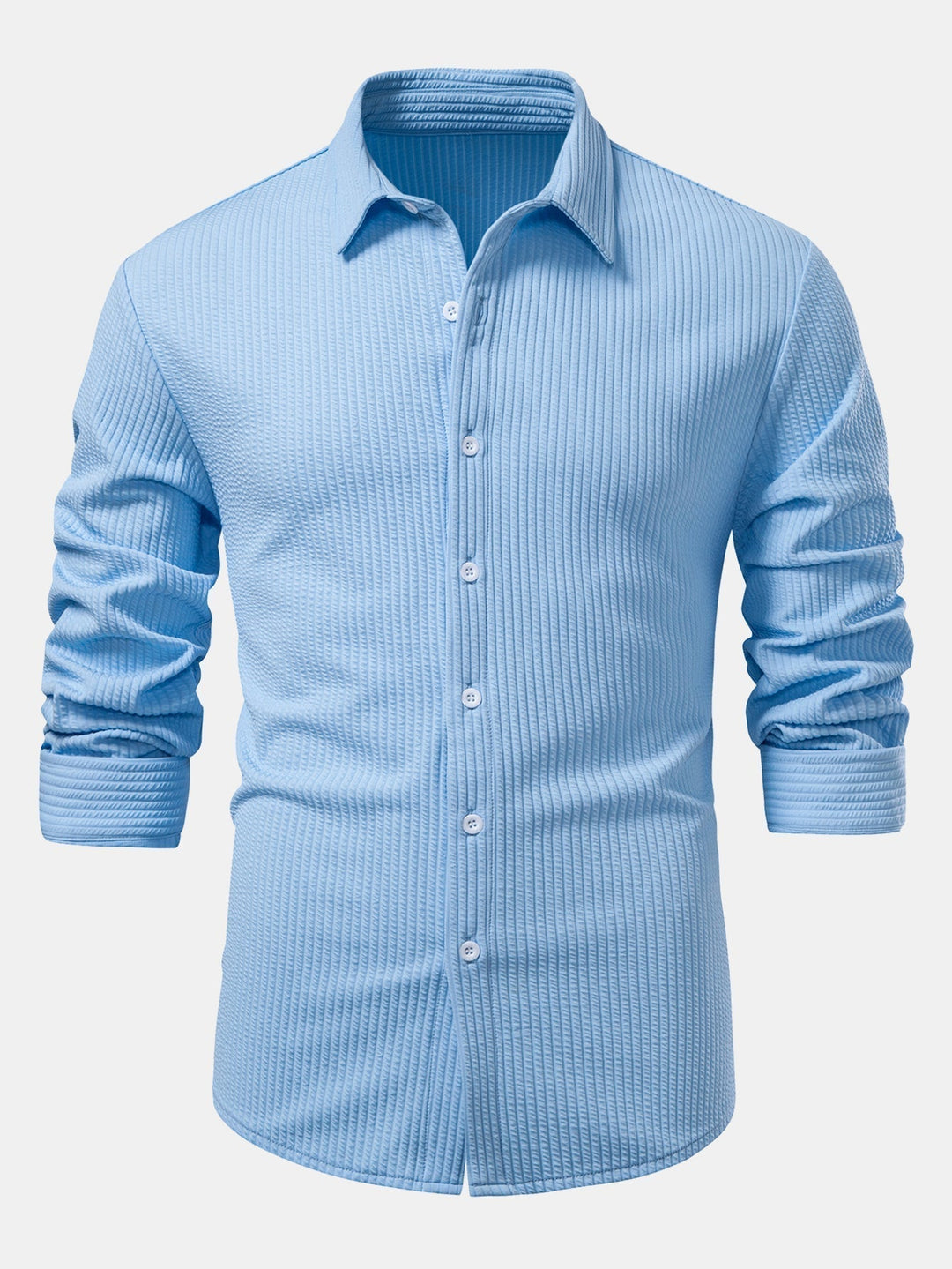 Ribbed Long Sleeve Muscle-Fit Button-Up Shirt