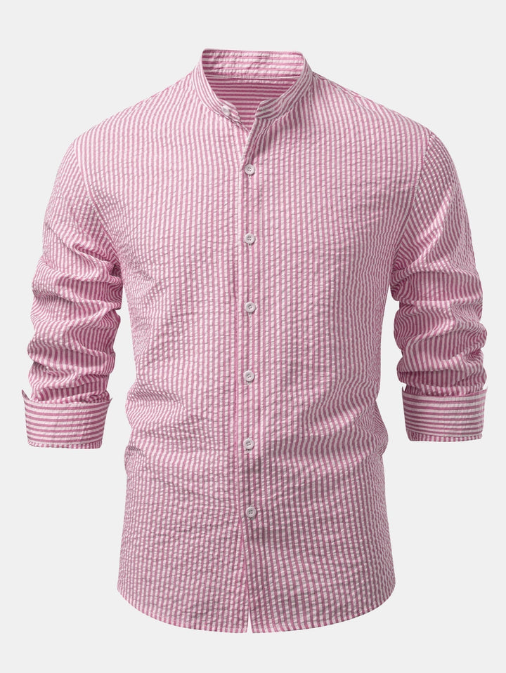 Striped Seersucker Shirt with High Collar