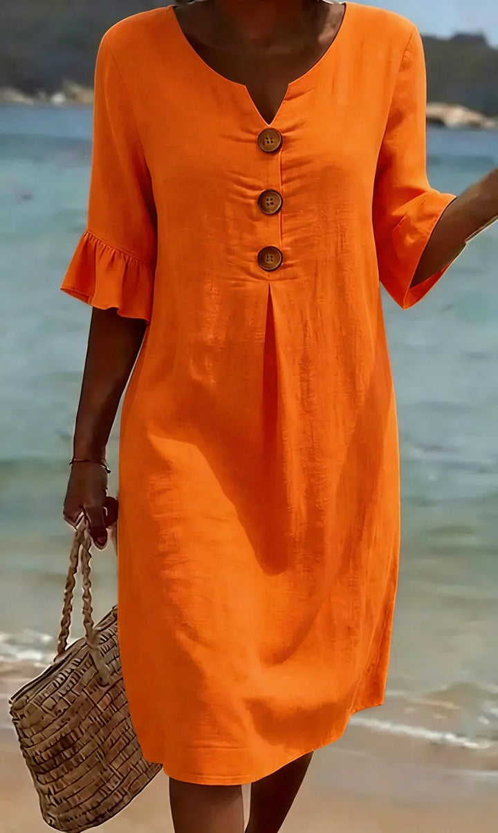 Vanesa | Linen Textured Dress with Puff Sleeves and Buttons