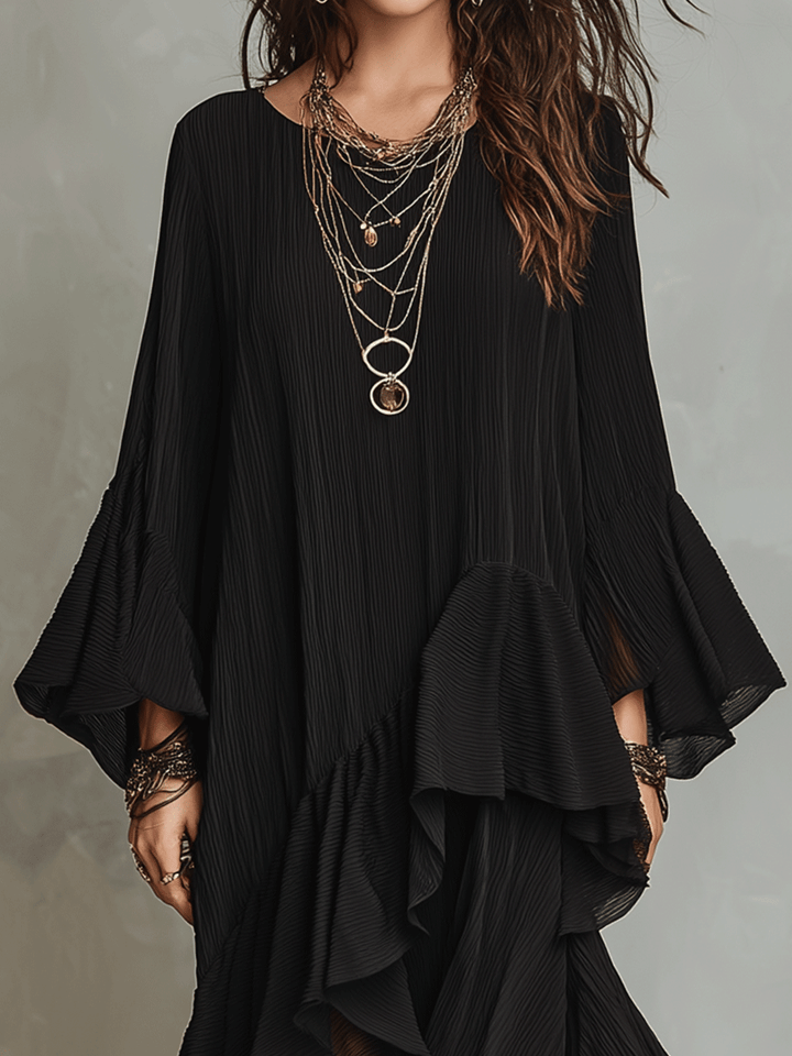 Elegant Asymmetric Ruffle Black Boho Midi Dress