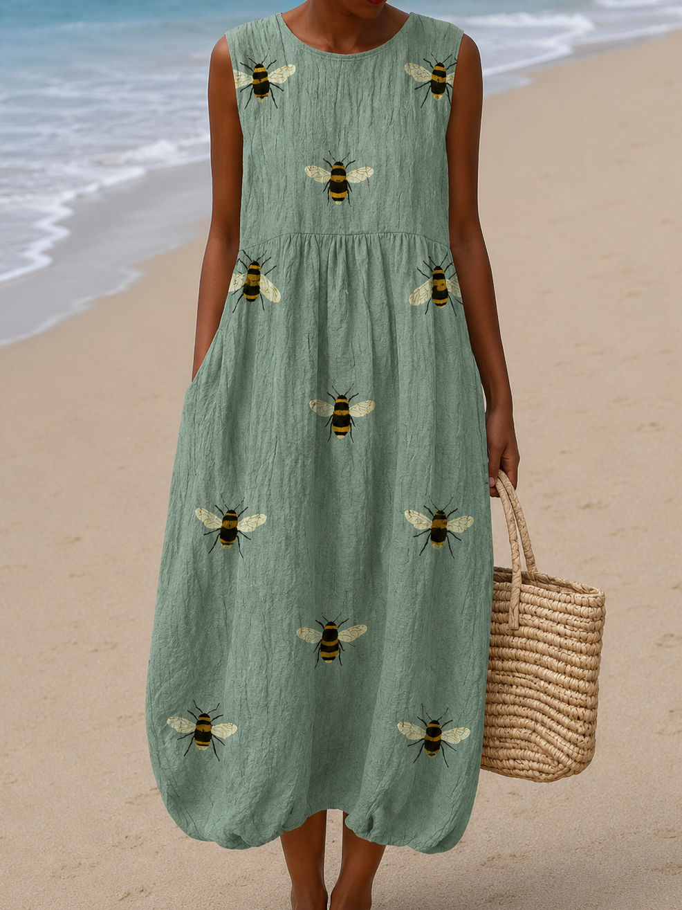 Mackenzie - Women's Sleeveless Printed Beach Midi Dress Loose