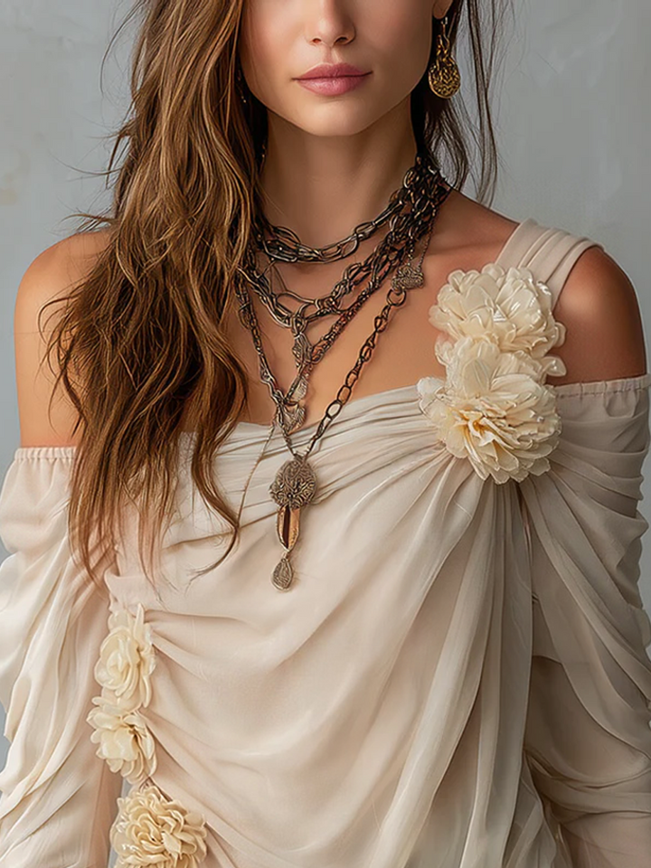 Bohemian Draped Off-Shoulder Floral Chiffon Blouse