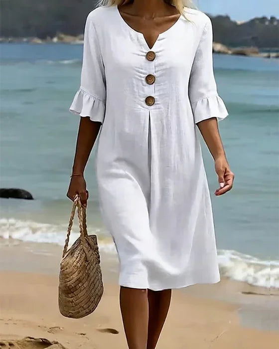 Vanesa | Linen Textured Dress with Puff Sleeves and Buttons