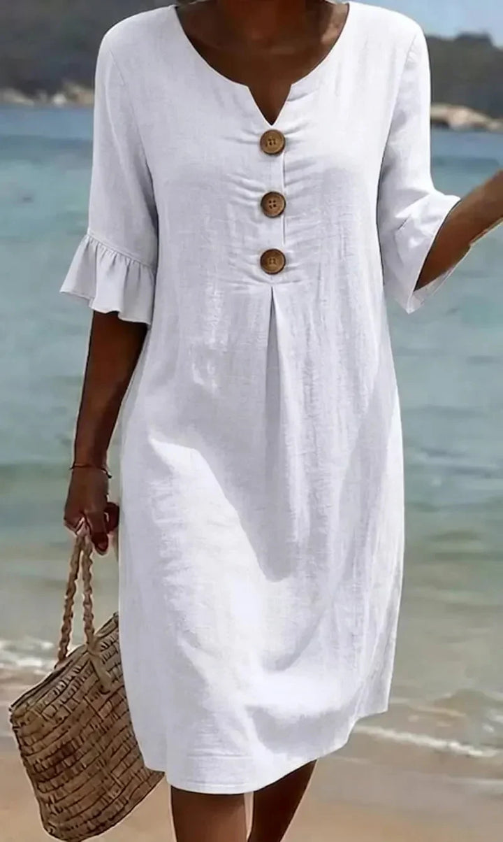 Vanesa | Linen Textured Dress with Puff Sleeves and Buttons