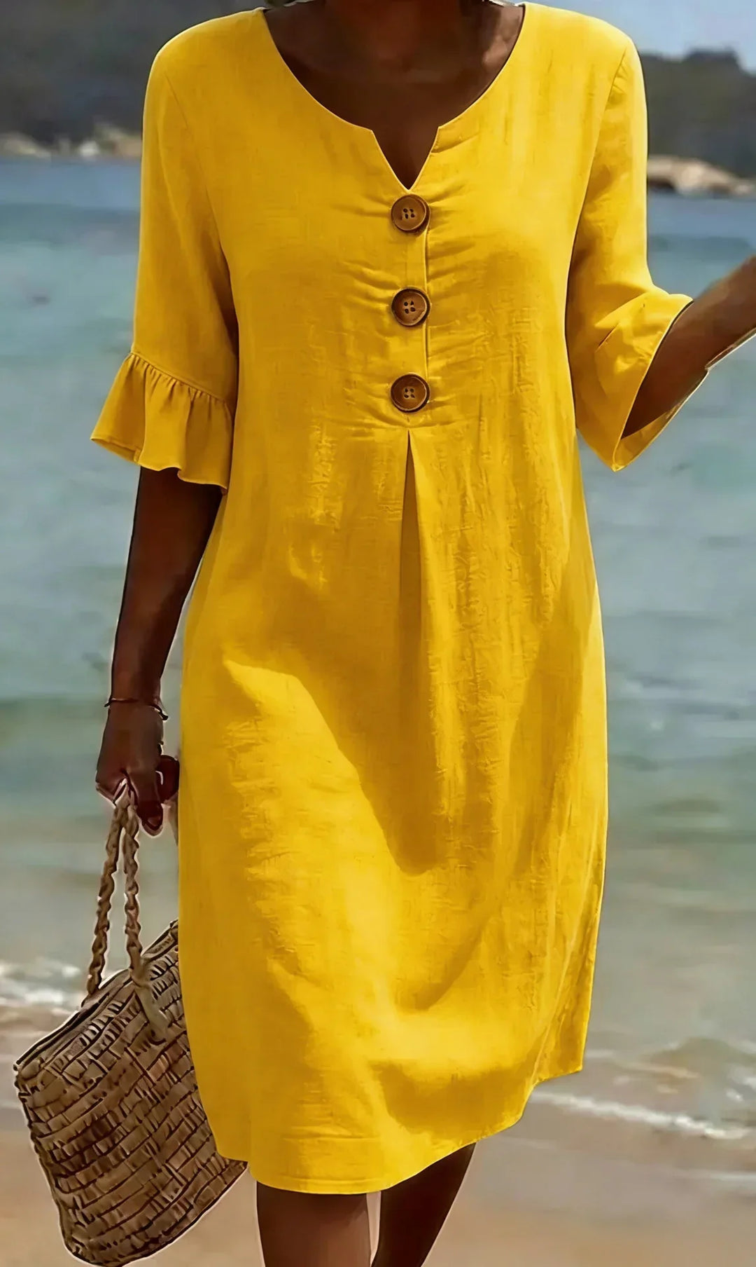 Vanesa | Linen Textured Dress with Puff Sleeves and Buttons