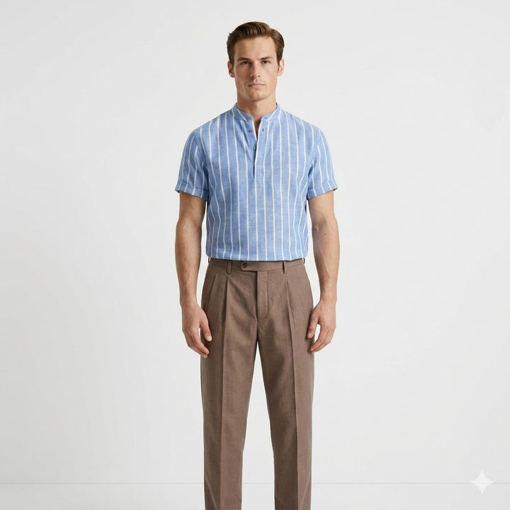 Lorenzo De Luca | Coastal Stripe Mandarin Shirt with Lightweight Comfort For Men