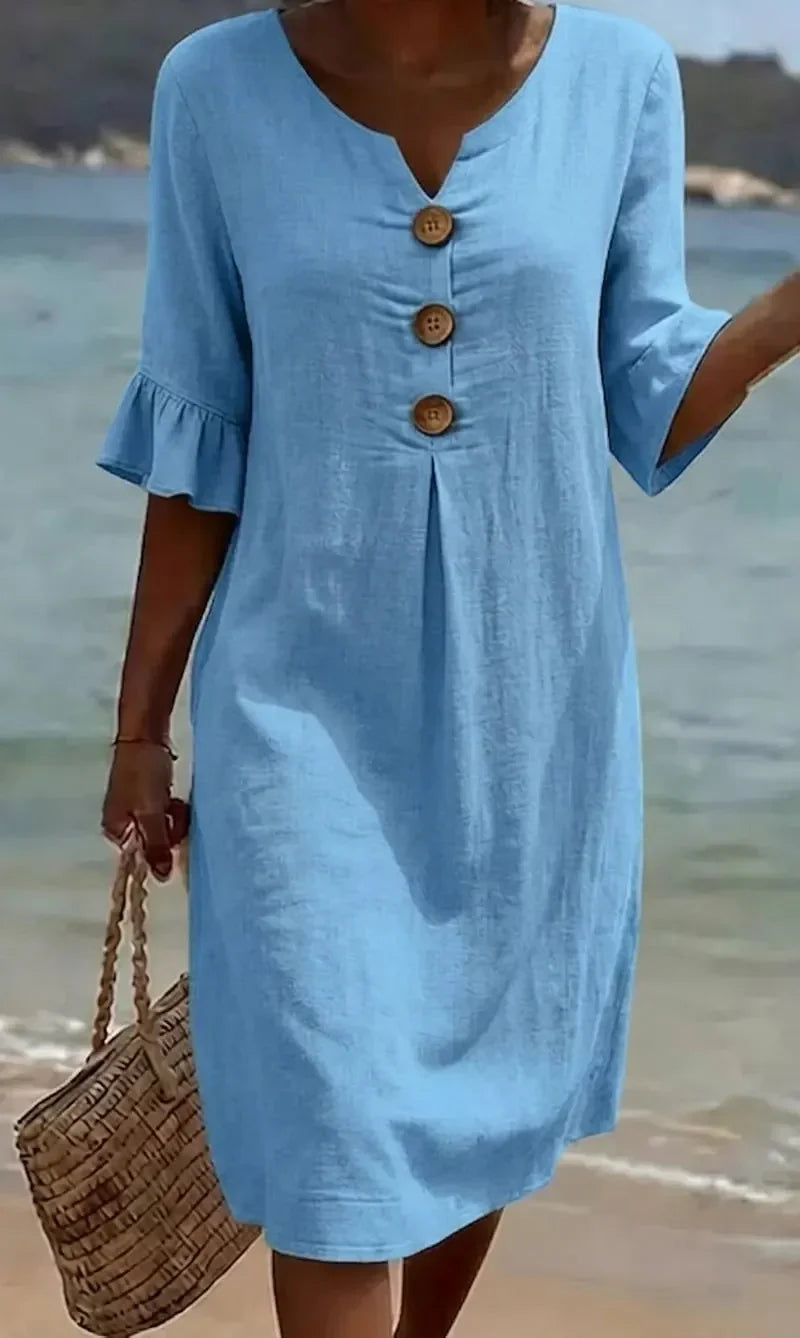 Vanesa | Linen Textured Dress with Puff Sleeves and Buttons