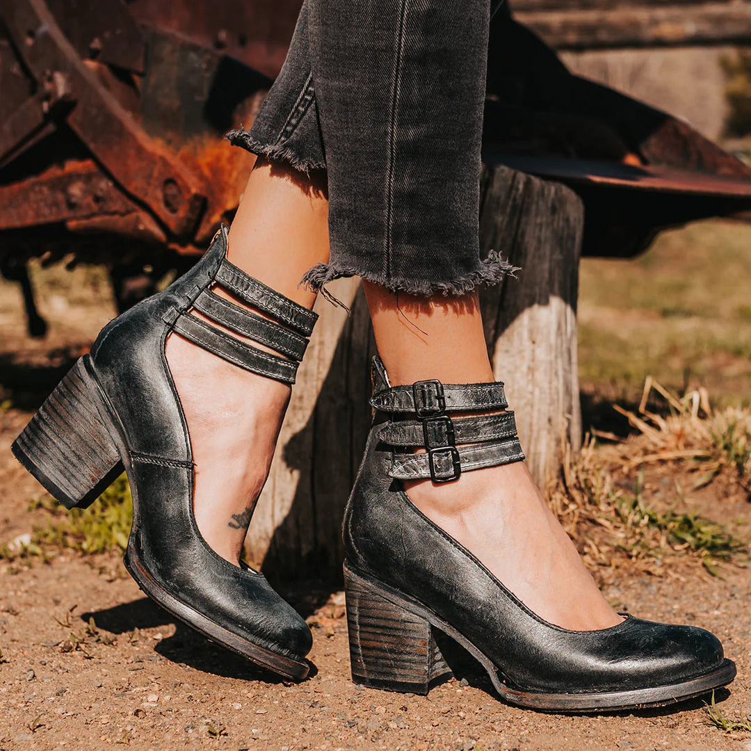 Sienna Triple-Buckle Leather Heel