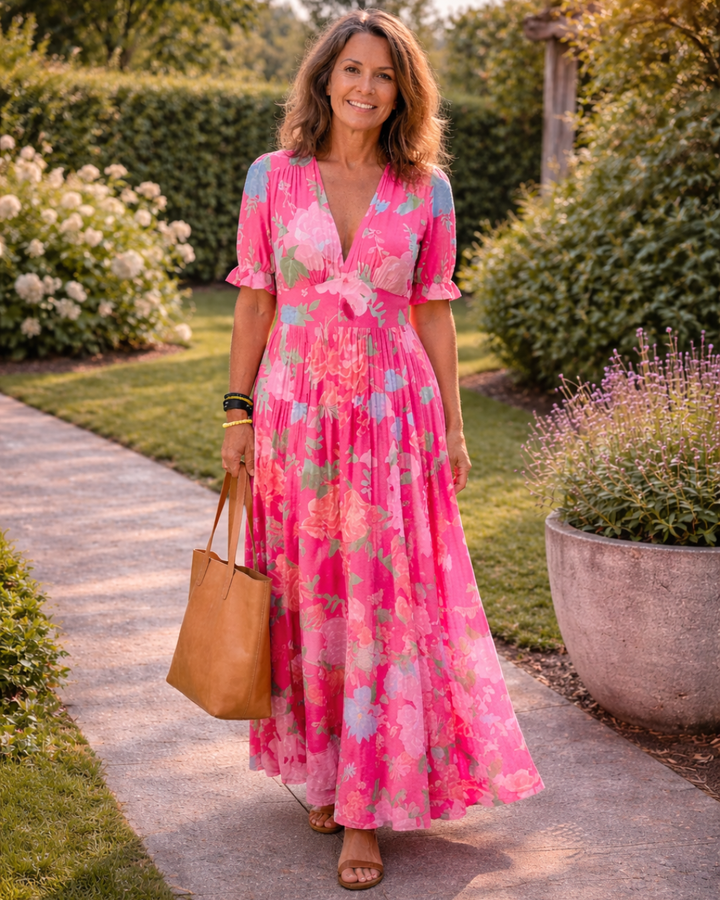 HANA | Short Sleeve V Neck Floral Midi Dress