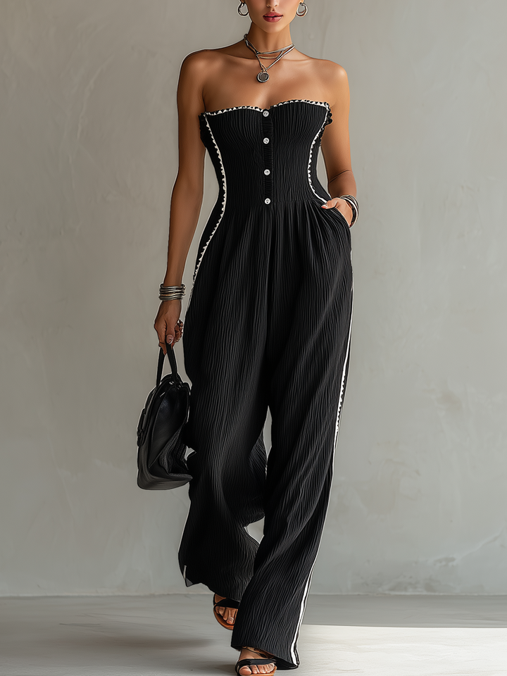 Black Textured Ribbon Trim Strapless Jumpsuit