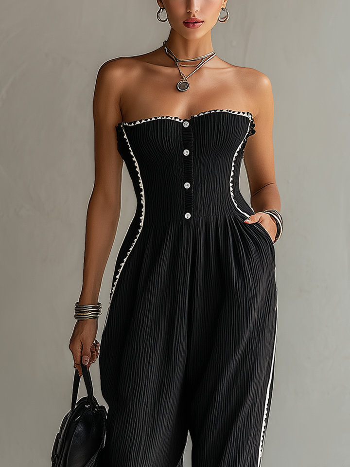 Black Textured Ribbon Trim Strapless Jumpsuit