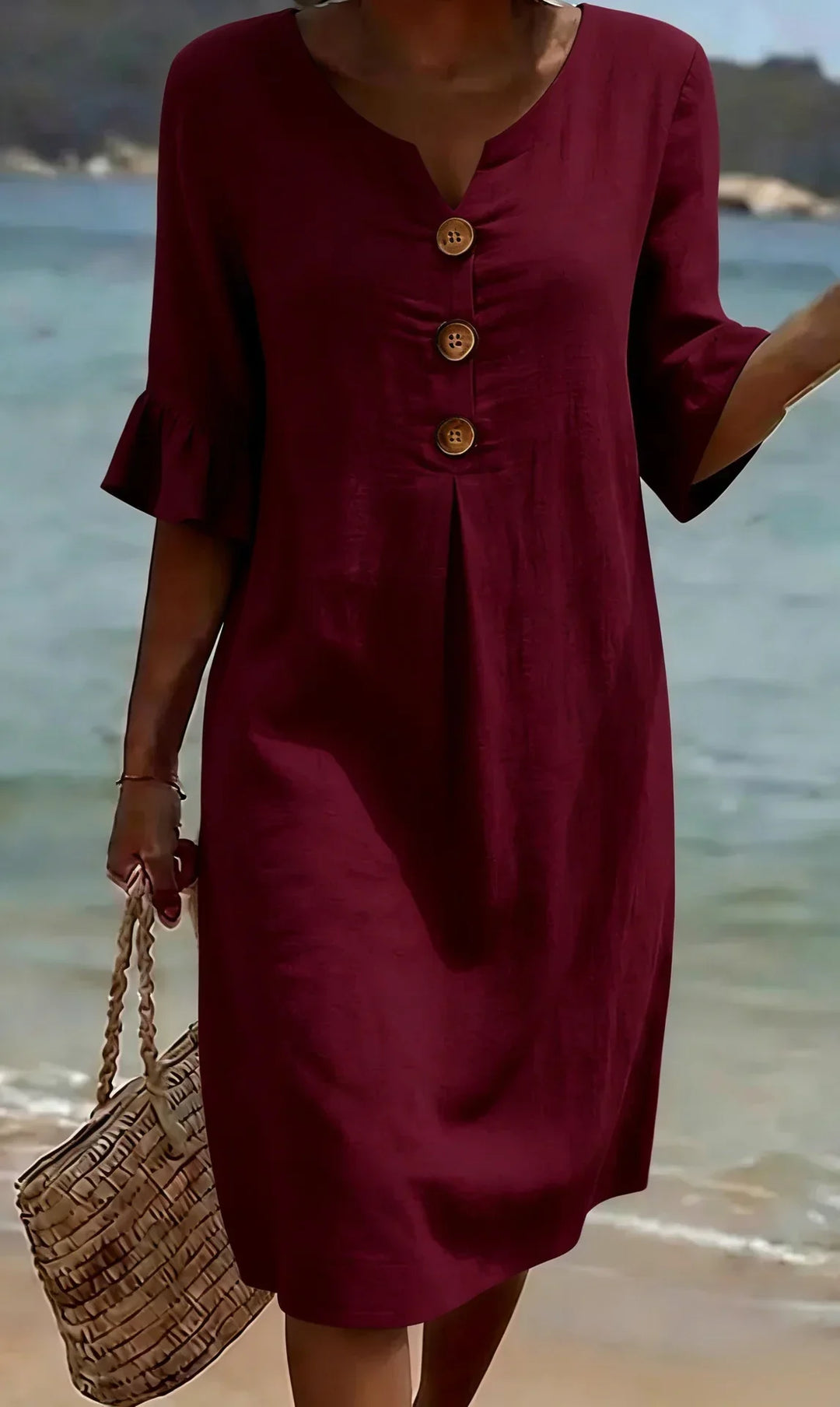 Vanesa | Linen Textured Dress with Puff Sleeves and Buttons
