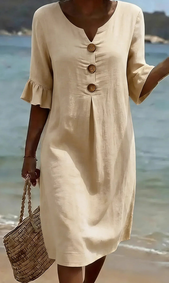Vanesa | Linen Textured Dress with Puff Sleeves and Buttons