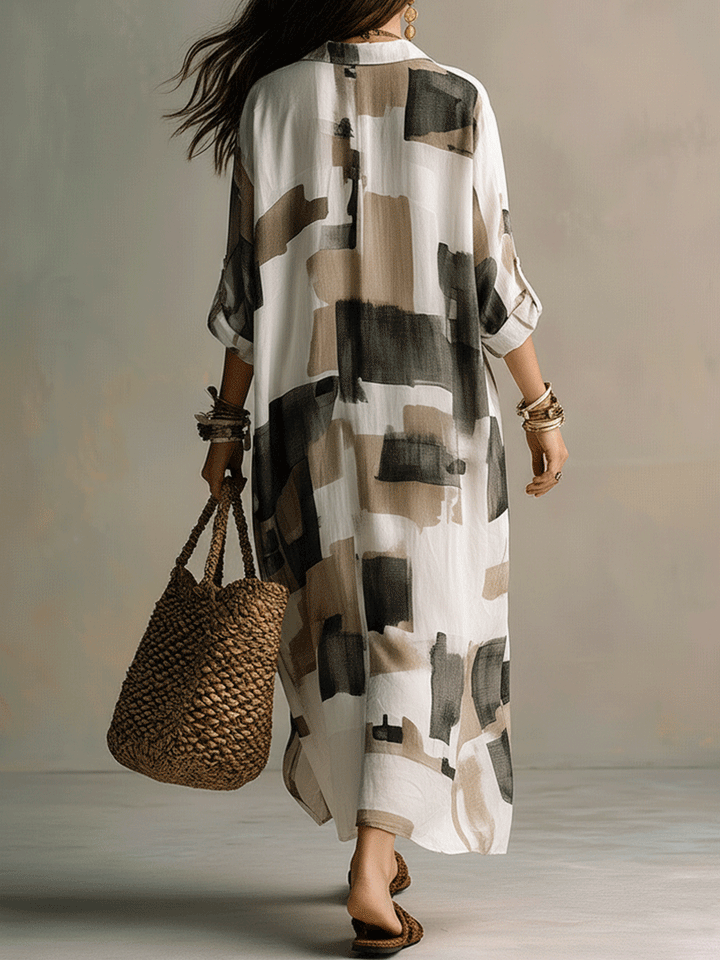 Boho Abstract Print Button-Front Relaxed Fit Maxi Dress