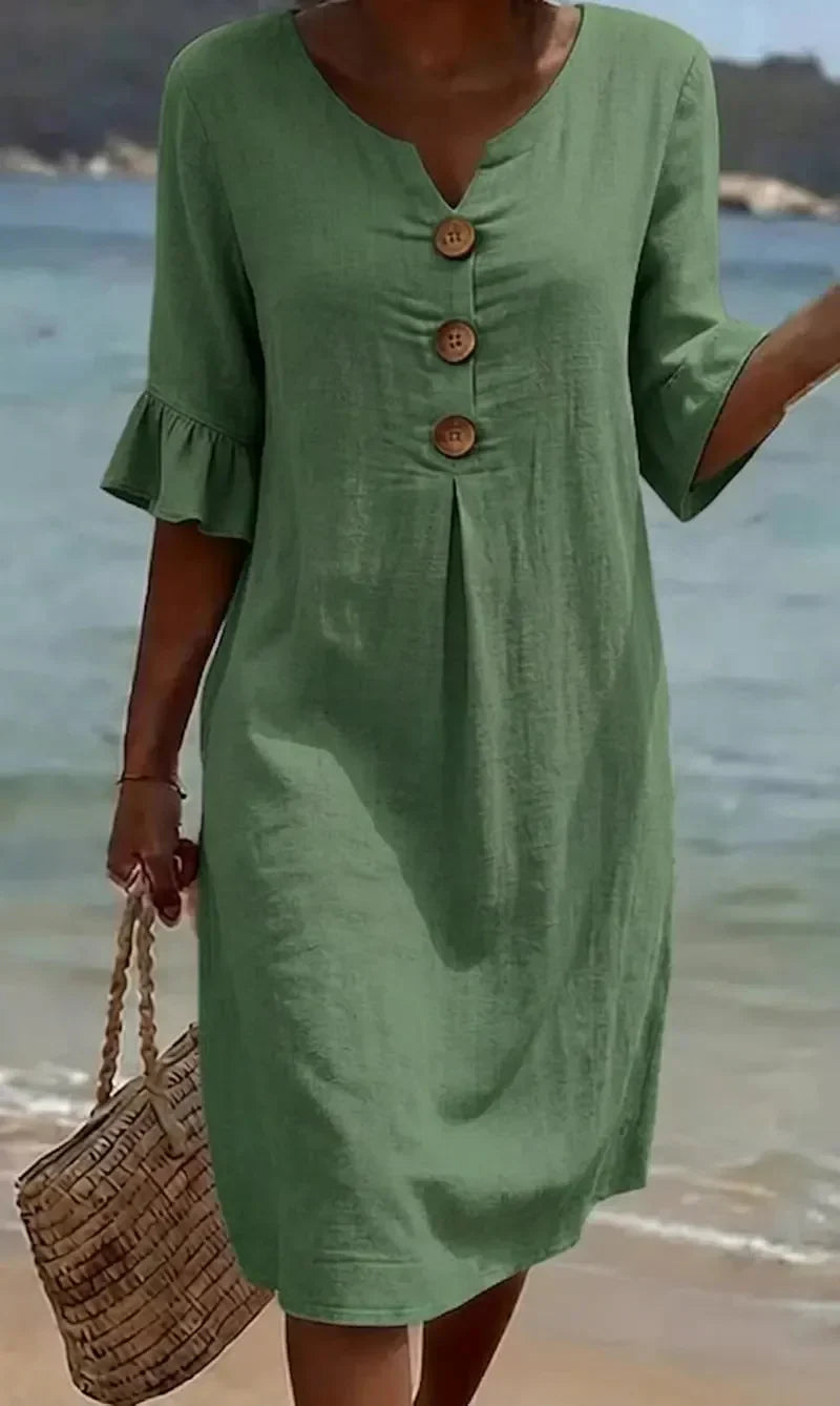 Vanesa | Linen Textured Dress with Puff Sleeves and Buttons