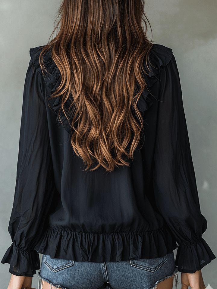 Romantic Bohemian Ruffle Trim V-Neck Lightweight Black Blouse