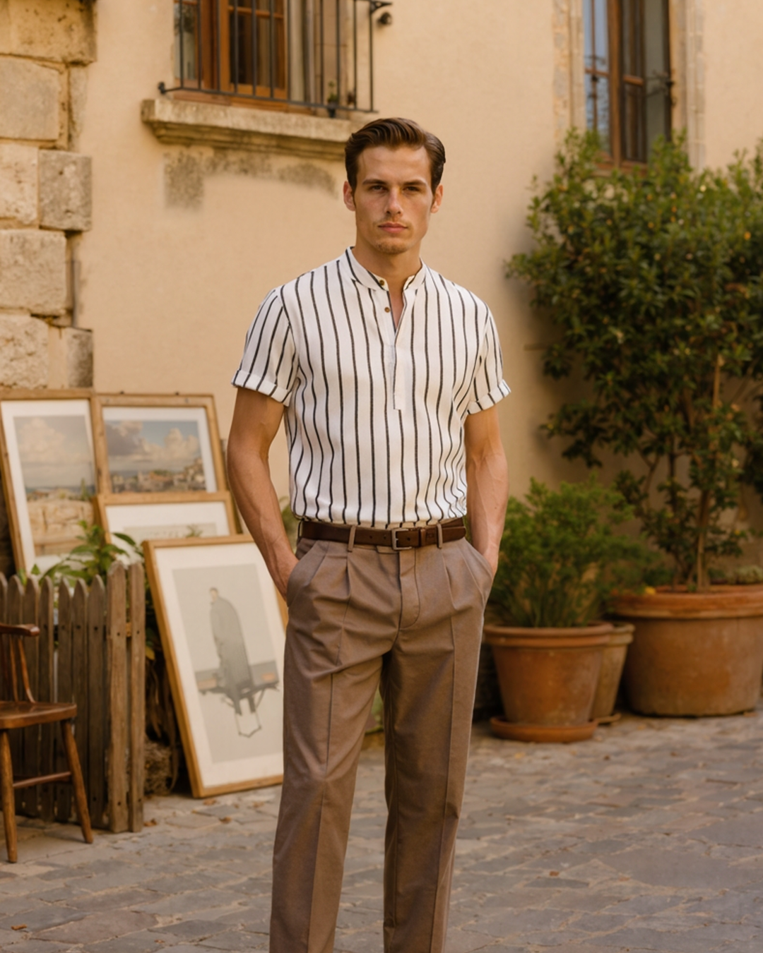 Lorenzo De Luca | Coastal Stripe Mandarin Shirt with Lightweight Comfort For Men