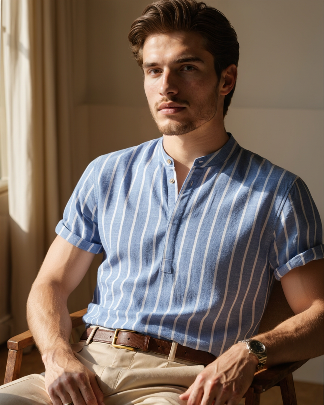 Lorenzo De Luca | Coastal Stripe Mandarin Shirt with Lightweight Comfort For Men