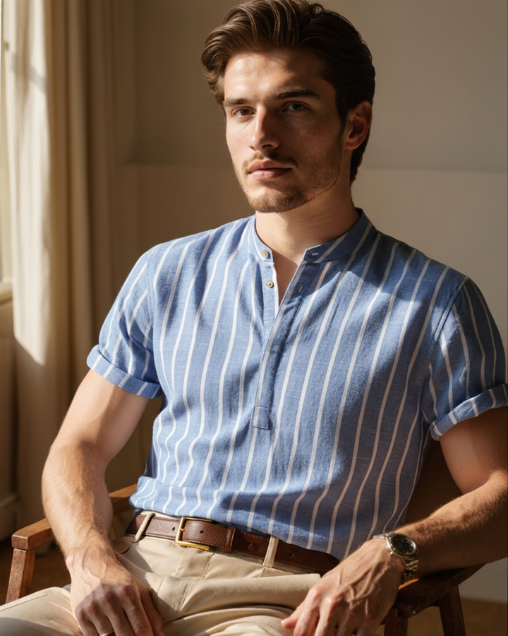 Lorenzo De Luca | Coastal Stripe Mandarin Shirt with Lightweight Comfort For Men