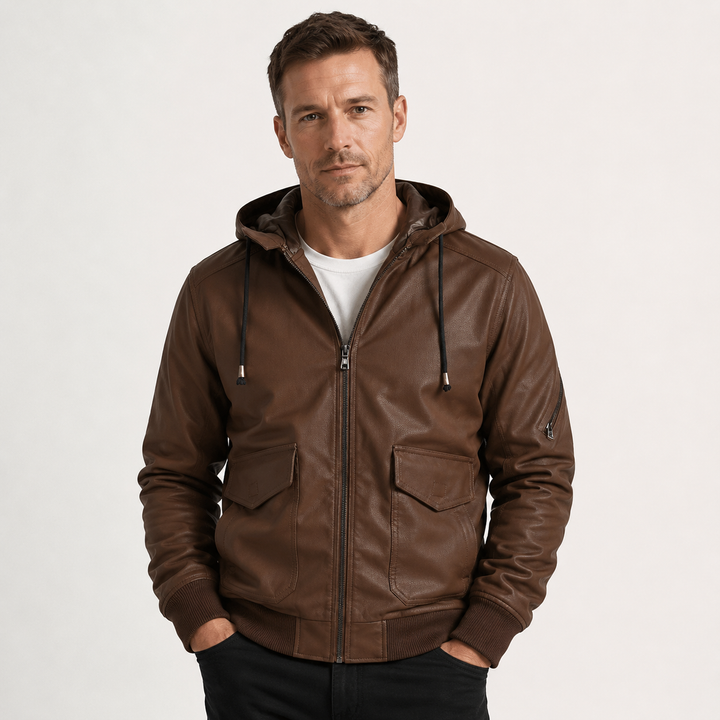 Declan Ashford | Hooded PU Leather Bomber Jacket For Men