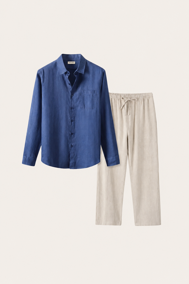 Pisa Linen Set Long Sleeve Blue/Beige