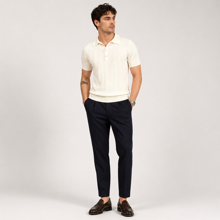Marco De Santis | Ribbed Knit Polo Shirt with Tailored Fit Elegance For Men