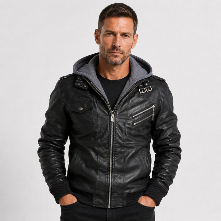 Christian DeLuca | Hooded Leather Bomber Jacket For Men
