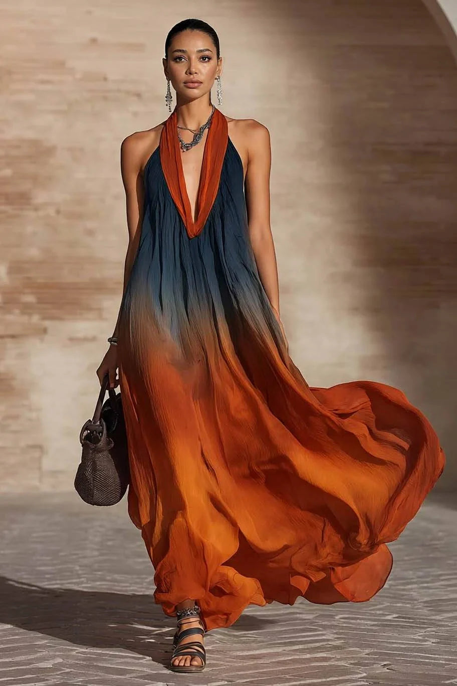 Mia Ottawa - Ombré Halter/V-Neck Maxi Dress