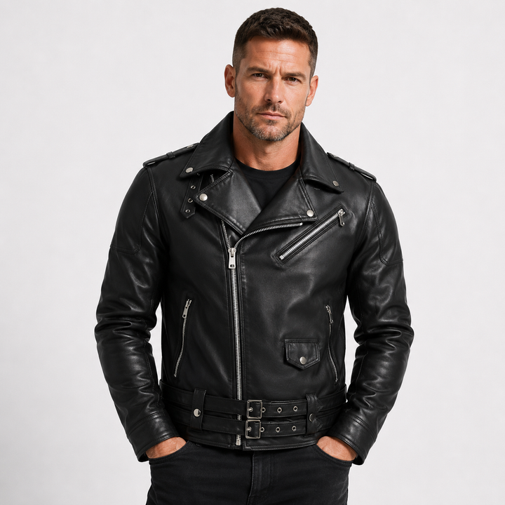 Damien Laurent | Classic Leather Biker Jacket For Men