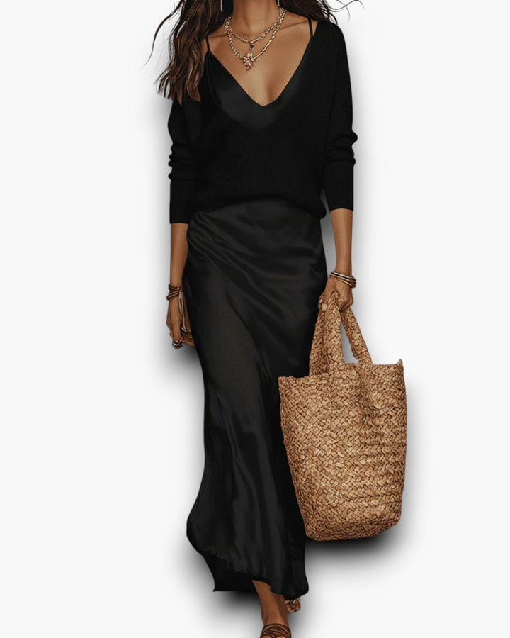 The Soft Hours Set — Knit Sweater & Satin Slip Dress