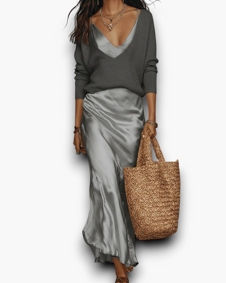 The Soft Hours Set — Knit Sweater & Satin Slip Dress