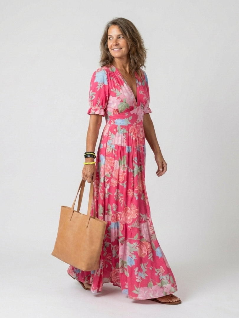 HANA | Short Sleeve V Neck Floral Midi Dress