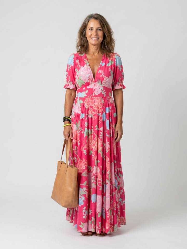HANA | Short Sleeve V Neck Floral Midi Dress