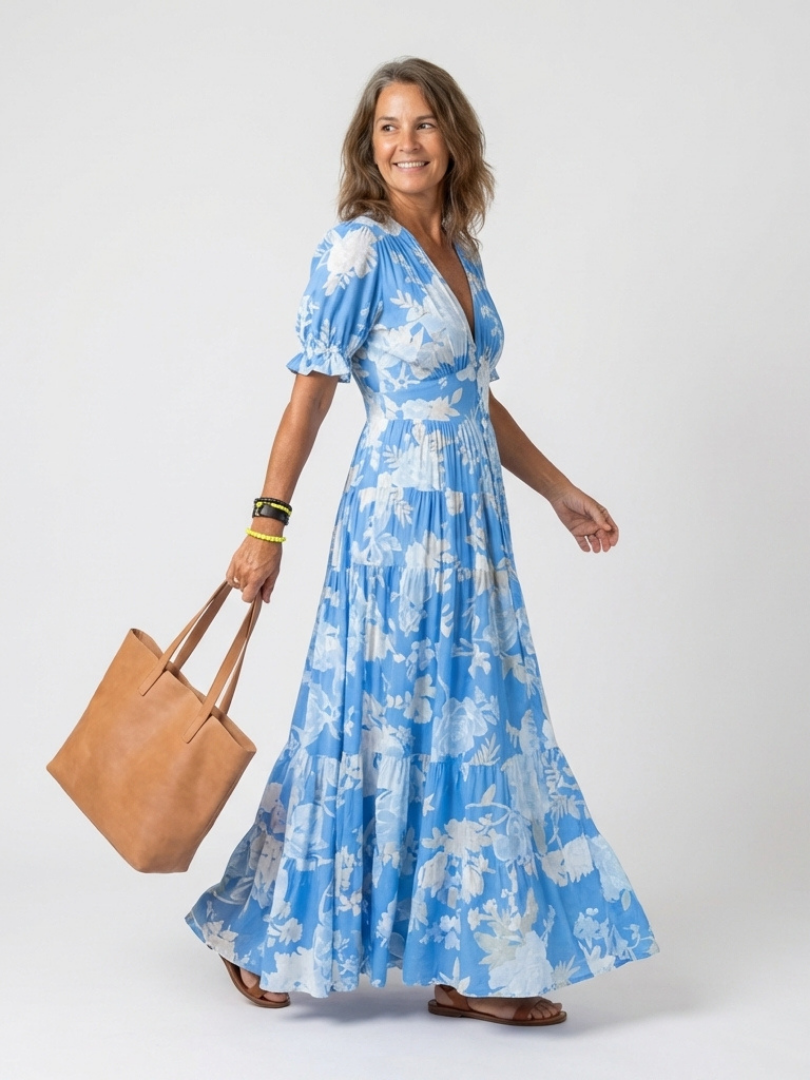 HANA | Short Sleeve V Neck Floral Midi Dress