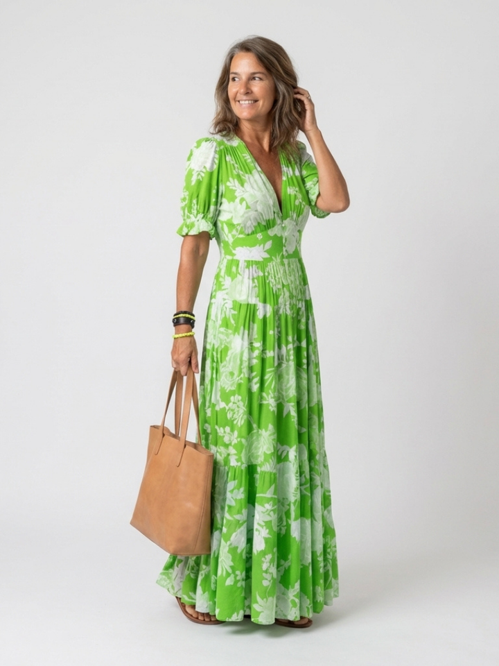 HANA | Short Sleeve V Neck Floral Midi Dress
