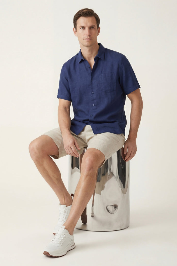 Verona Linen Shirt & Shorts Navy/Beige