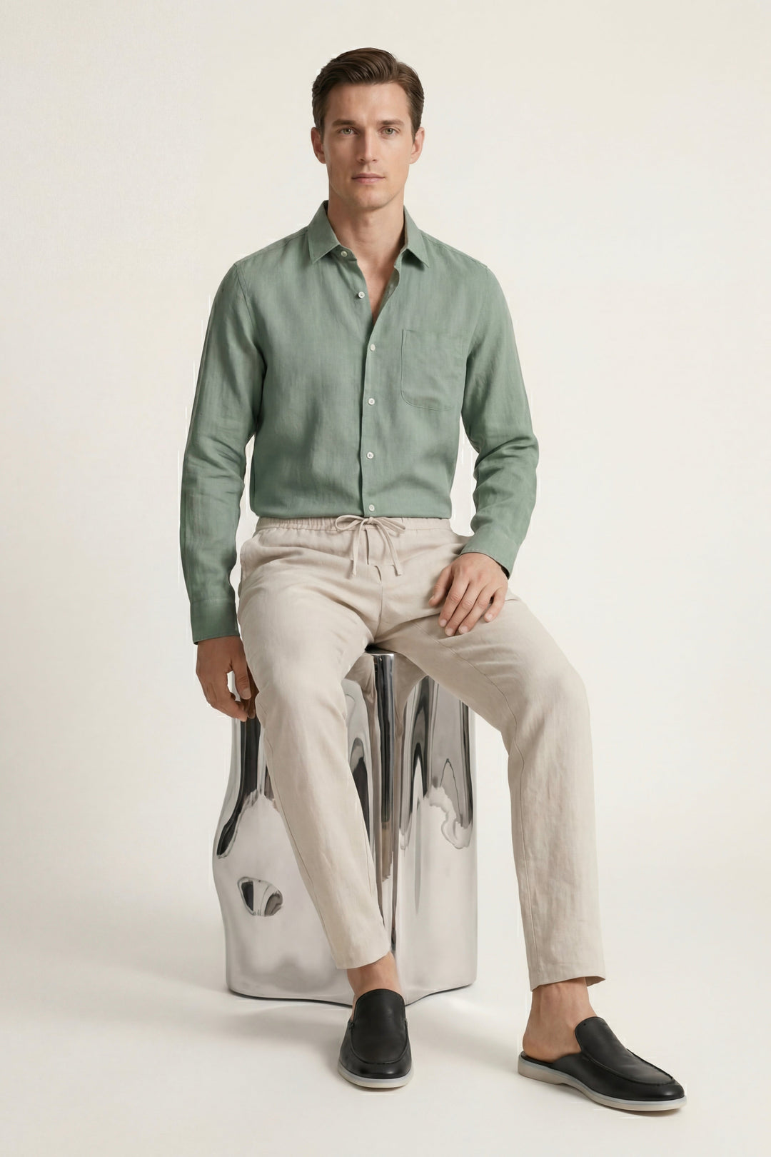 Pisa Linen Set Long Sleeve Green/Beige