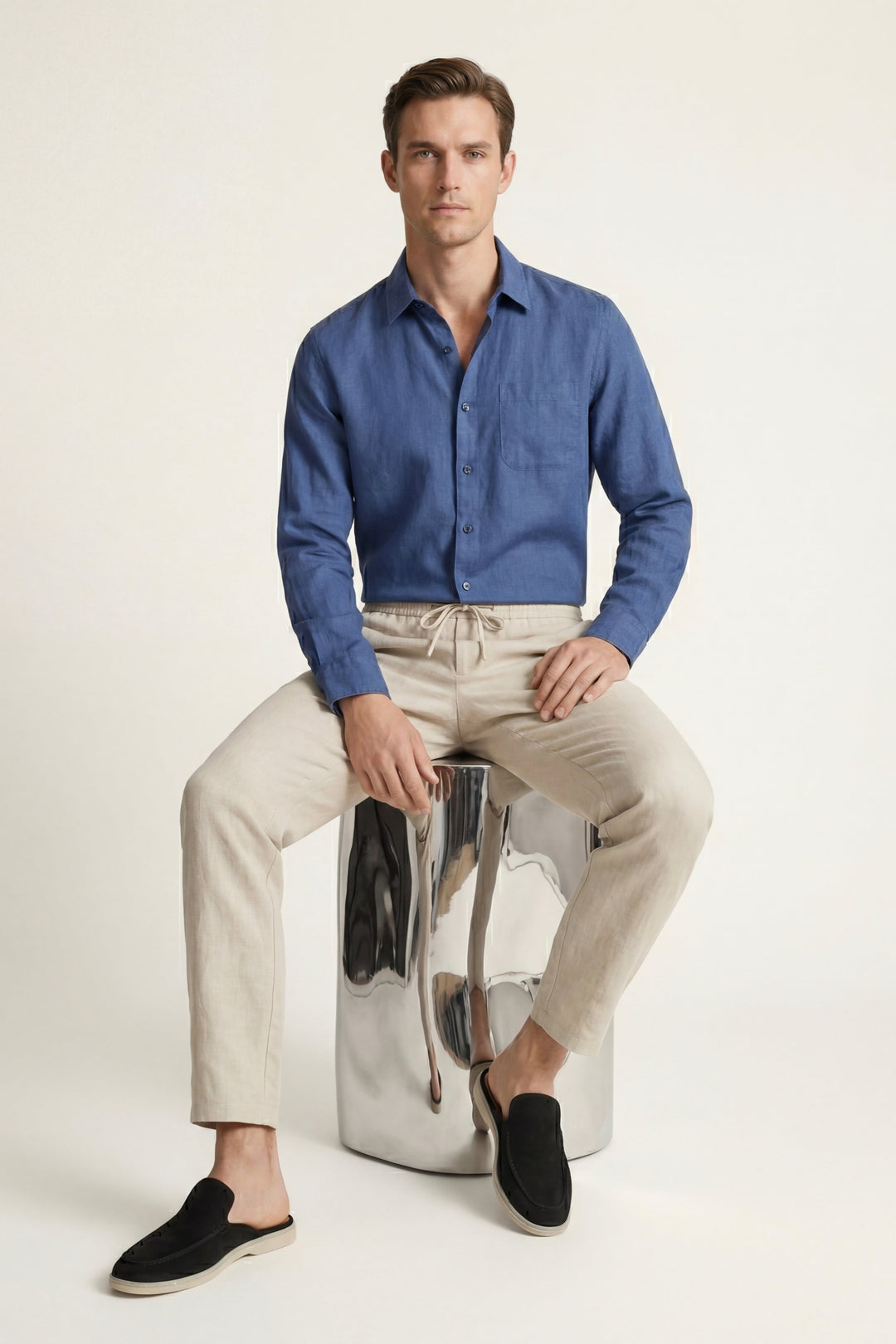 Pisa Linen Set Long Sleeve Blue/Beige