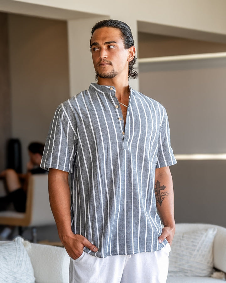 Lorenzo De Luca | Coastal Stripe Mandarin Shirt with Lightweight Comfort For Men
