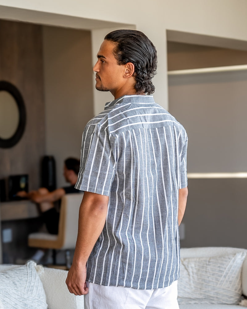 Lorenzo De Luca | Coastal Stripe Mandarin Shirt with Lightweight Comfort For Men