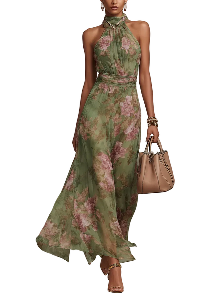 Mia Ottawa - Green Floral Chiffon Maxi Dress with Open Neckline